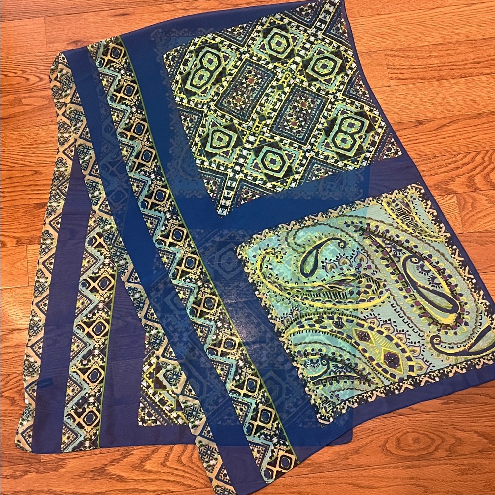 Cynthia Rowley Royal Blue & Green Geometric Polyester Long Scarf 24" x 70"